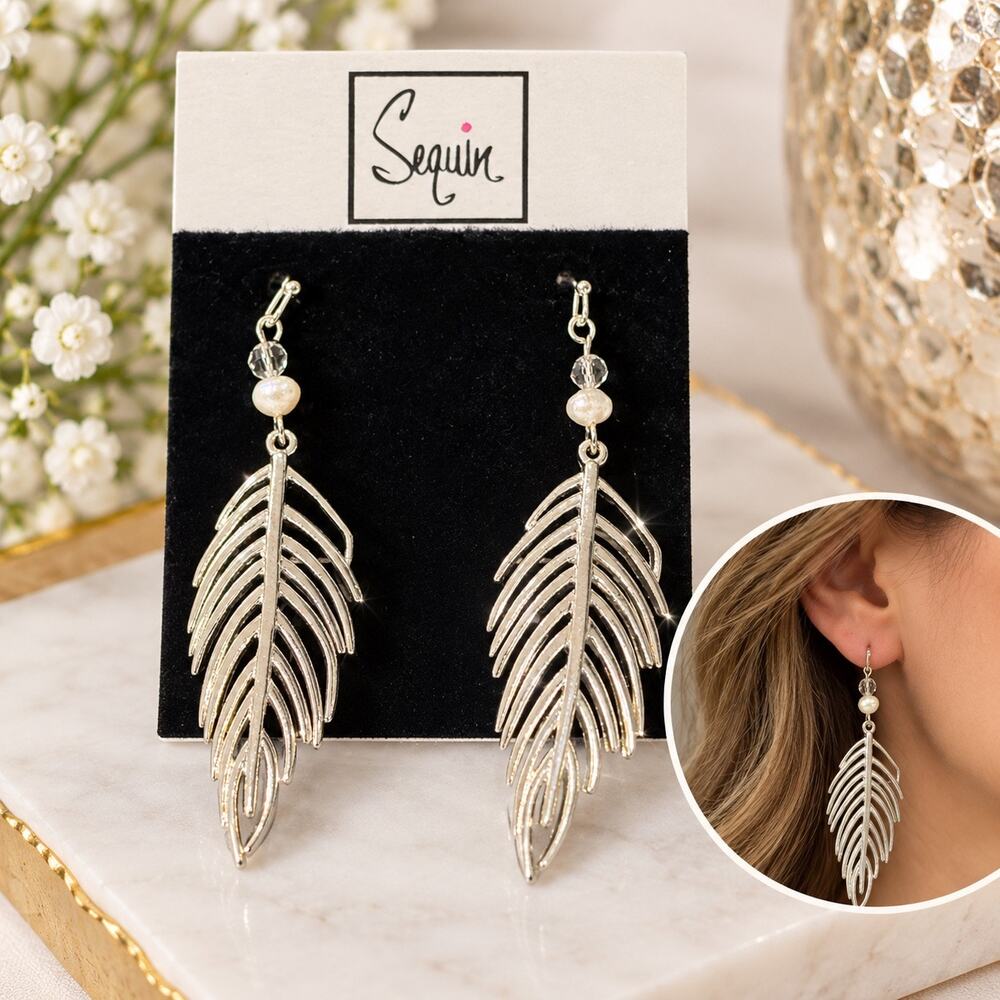Nordstrom Sequin silver Feather Leaf Dangle statement Earrings Pearl Crystal